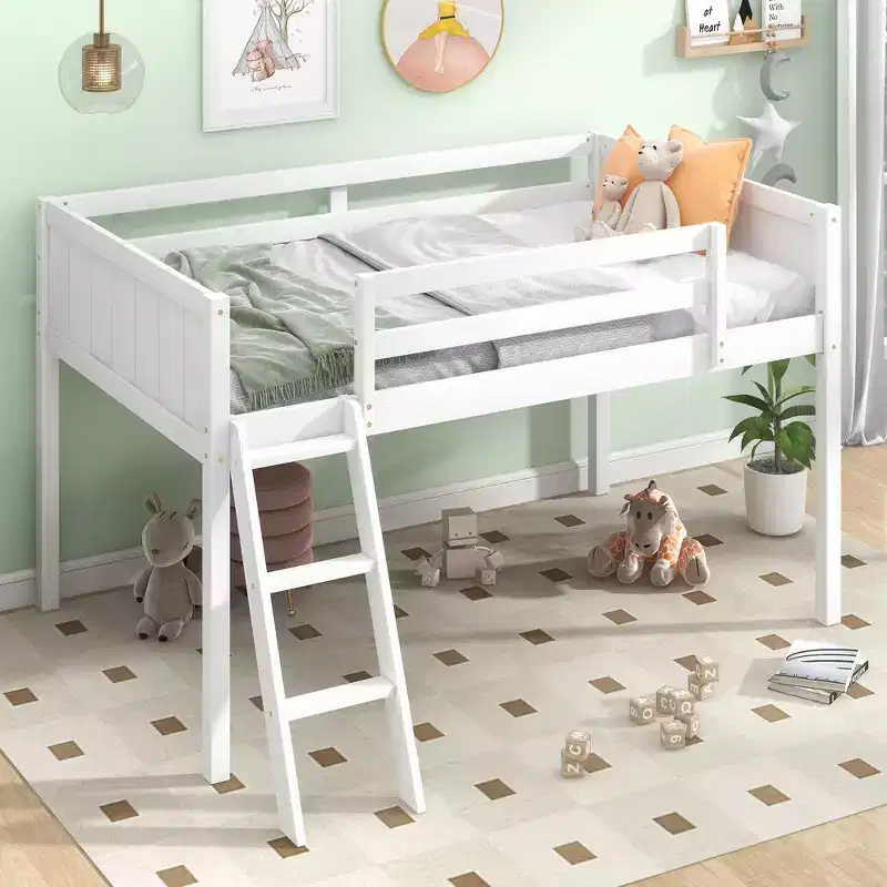 Okak Twin/Full Size Solid Wood Bunk Bed Low Loft Bunk Bed with Convertible Ladder Left/Right & Safety Guardrail for Kids Teens, Easy Assemble