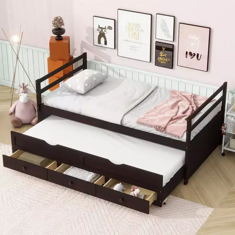 Whisen Twin Size Pine Wood Bed with Headboard, Footboard, Trundle and Three Storage Drawers