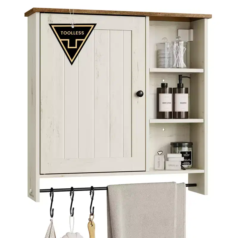 SONGMICS Home Wall Cabinet, Superfast Toolless Assembly, Farmhouse Medicine Cabinet with Adjustable Shelves and Door, Rustic White and Honey Brown