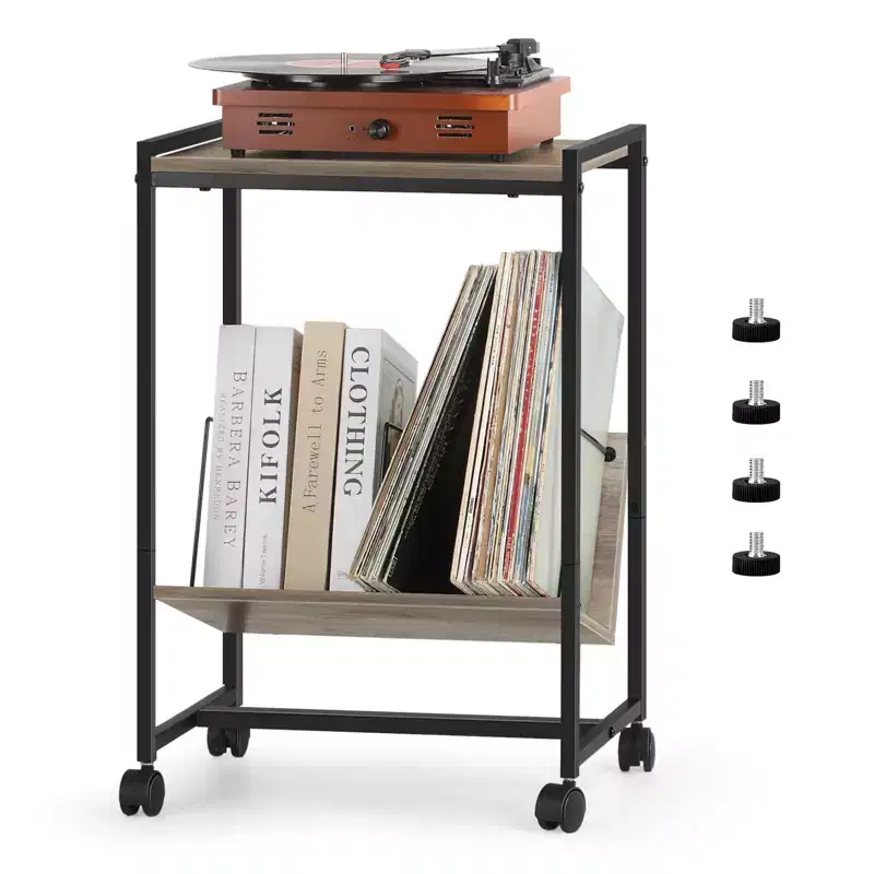 Oumilen 2-Tier Record Player Stand with Wheels and Vinyl Storage Shelf, Gray