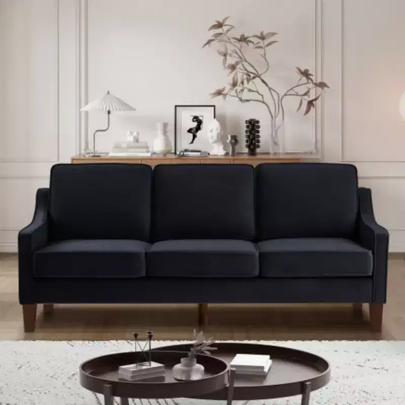 Contemporary 3-Person Sofa: Navy Velvet, Scooped Armrests, Wood Legs, Washable Cushions