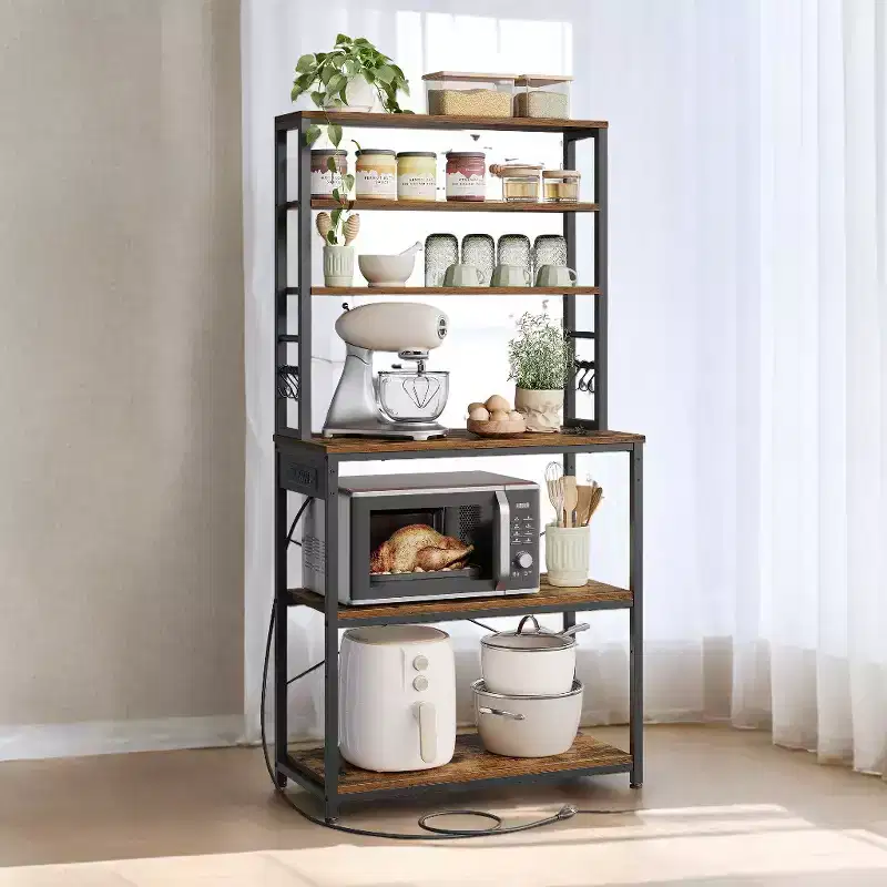 6-Tier Bakers Rack with Power Outlet, 31.5 Inches Coffee Bar for Kitchen Storage, Microwave Stand - Organize in Style