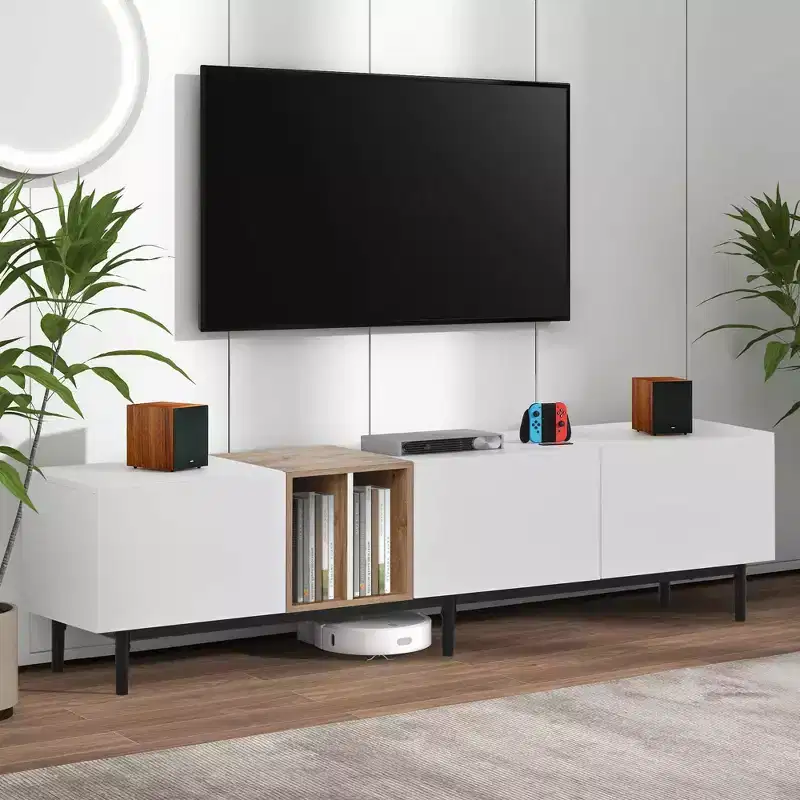 MAYEERTY Modern TV Stand for 80 TV with 3 Doors, Entertain Center with Large Storage Cabinet for Living Room Bedroom White