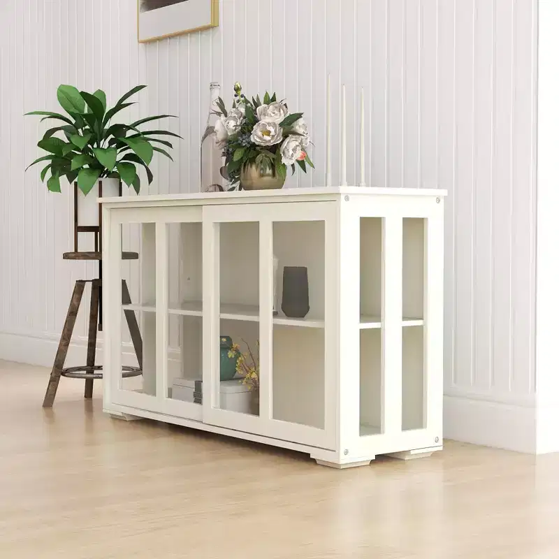JVNOXK 42-inch glass-door kitchen storage cabinet featuring two sliding glass doors, two side ventilation grilles, and one adjustable shelf. White
