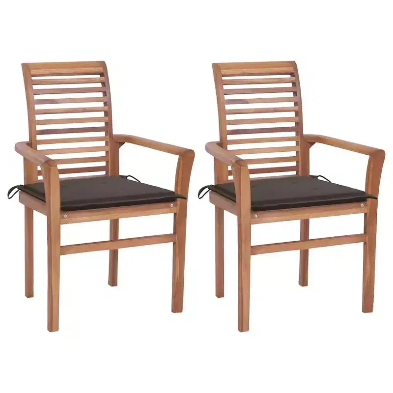 vidaXL Patio Dining Chairs 2 Pcs with Taupe Cushions - Solid Teak Wood Stacking Garden/Indoor Slatted Seats