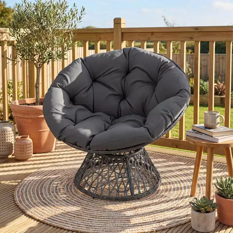 Gymax 360-DegreeSwivel Papasan Chair Round Wicker Lounge Chair w/Thick Cushion&Metal Frame