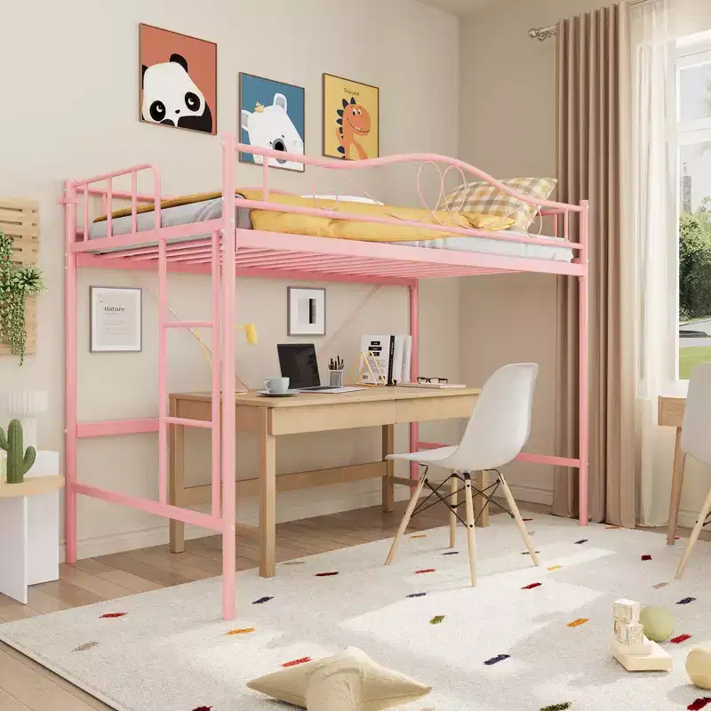 Single loft bed  Heavy-duty metal frame, removable ladder, full-length safety rails, 400 lbs weight capacity, no mattress base required