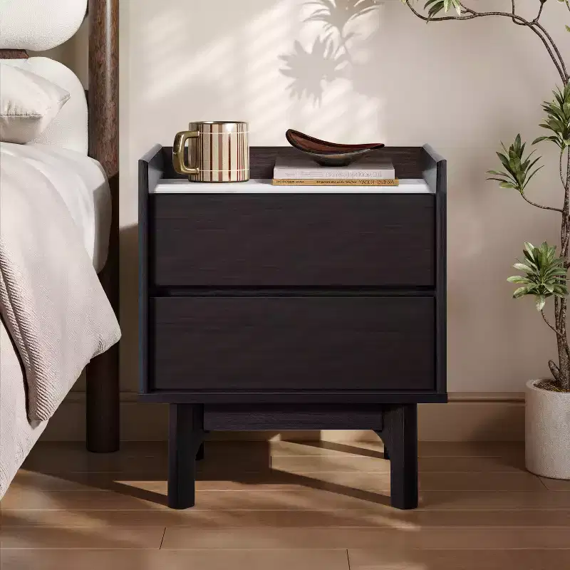 LuxenHome Modern Nightstand with Faux Marble Top, 23 Wenge Black Bediside Table with Drawer Brown