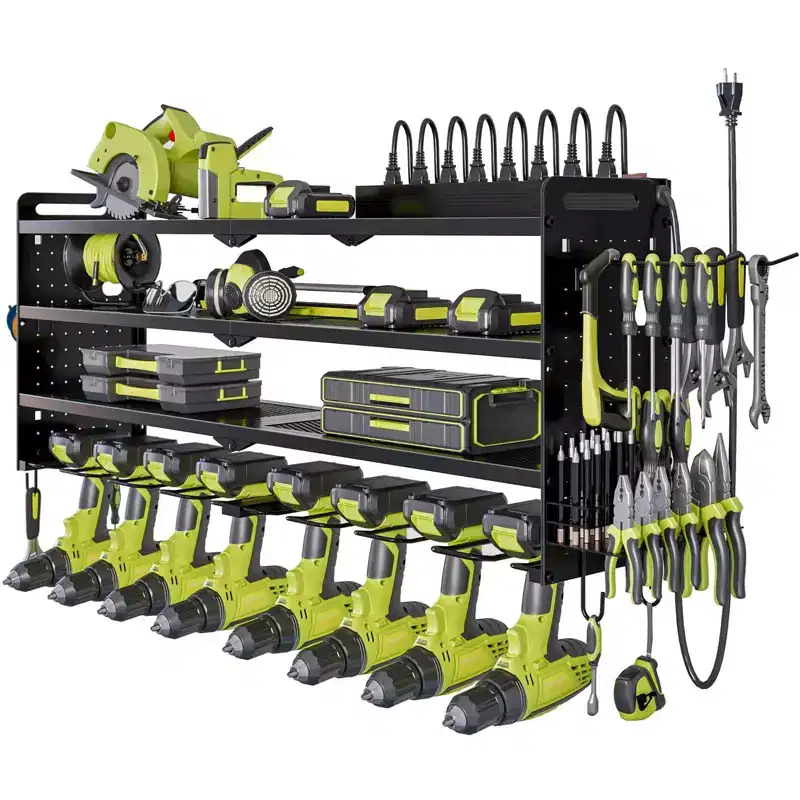 Hausource 4-Tier Power Tools Organizer Wall Mount Utility Storage Shelves, 8 Drill Holder, Red/Black/Yellow