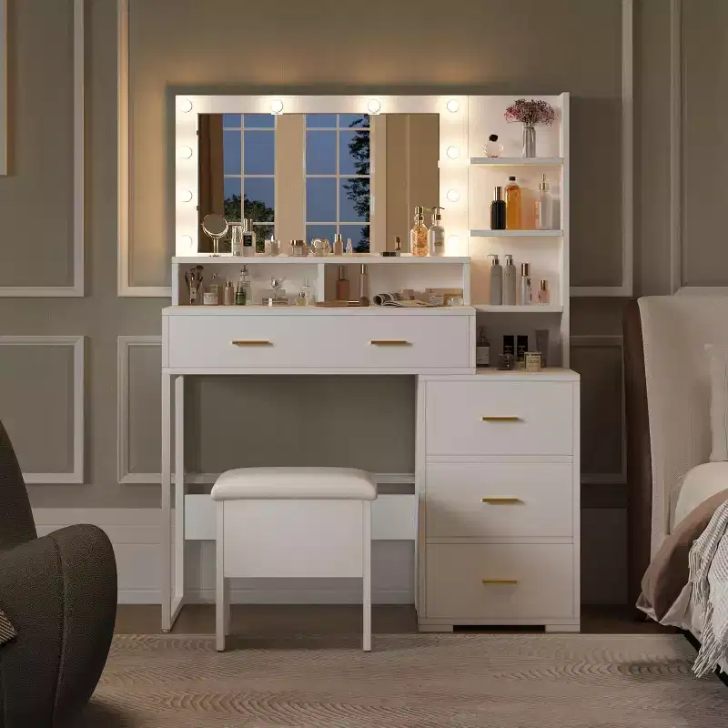 Makeup Vanity Desk with Mirror and Lights, Vanity Set with 3 Adjustable Lighting Colors