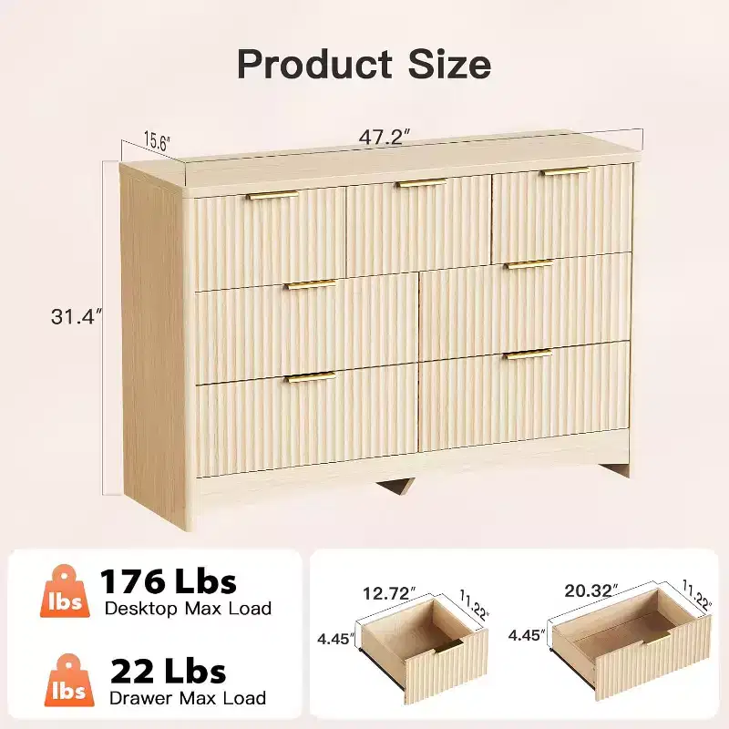 7 Drawers Dresser, Modern Wood Chest of Drawers, Dressers with Round Edge Design, Dresser TV Stand, Wood Drawer Organizer for Bedroom, Living Room