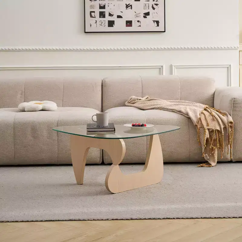 Triangle Glass Top Coffee Table – Clear / Natural Wood