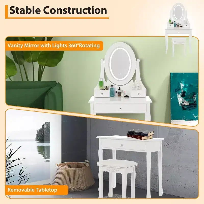 Vanity with LED-lit makeup mirror, featuring a padded stool, 3 lighting modes, and 3 storage drawersperfect for the bedroom.