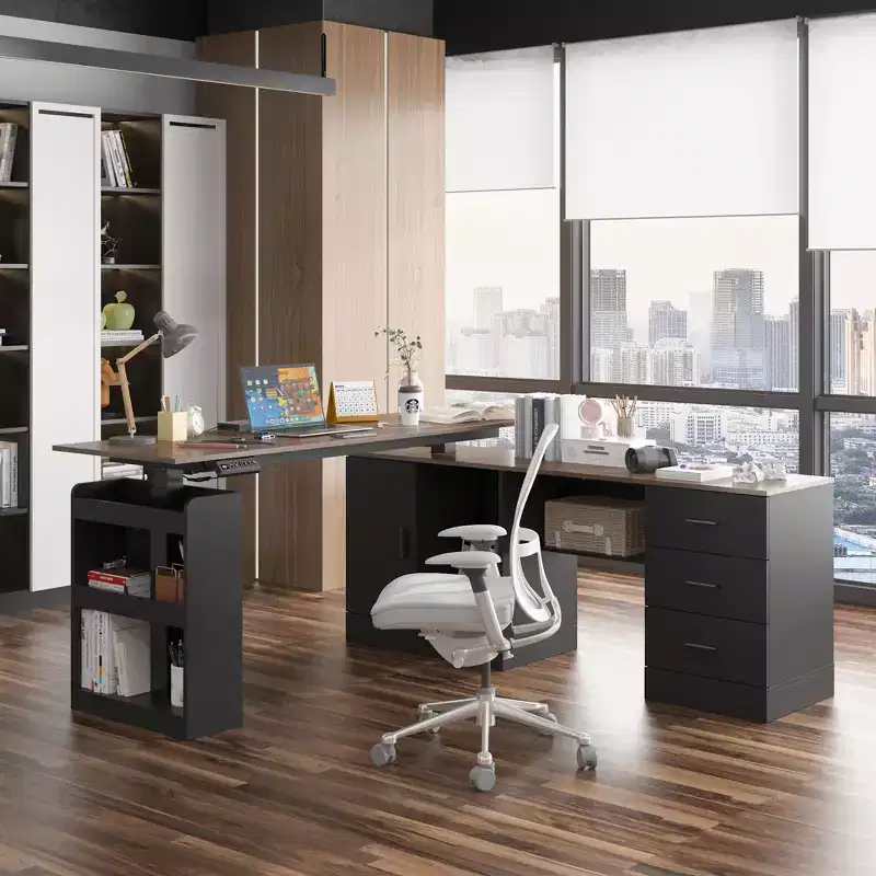 Height - Adjustable Computer Desk Office Desk Standing Desk:L - Shaped Spacious Desktop, Storage Cabinets
