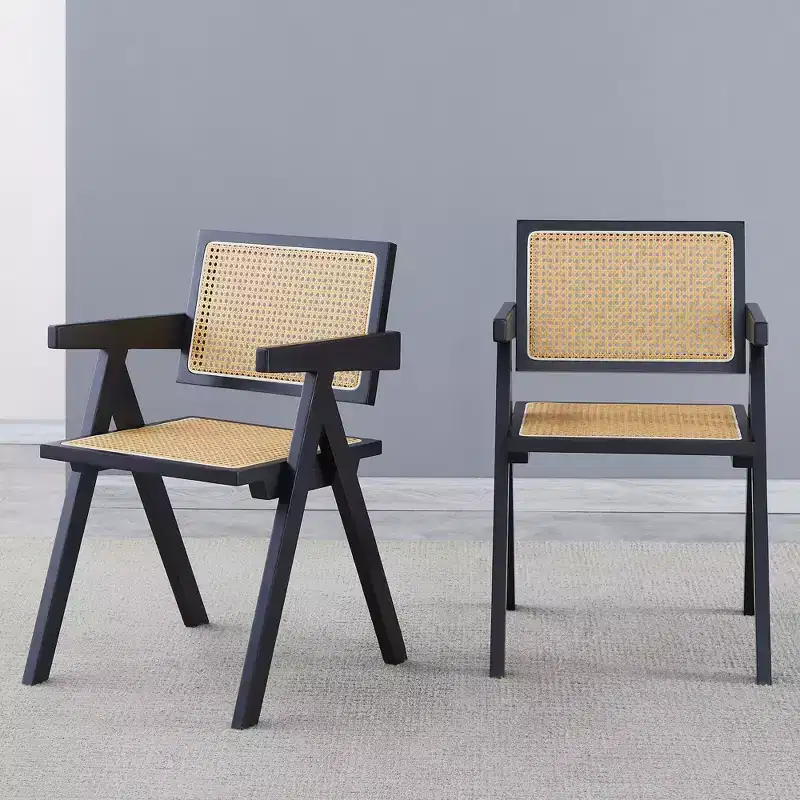 Okak Solid Wood Dining Chairs Set of 2, Dining Room Chairs with Rattan Back & Armrest, Simple Kitchen Side Chairs for Table Living Room