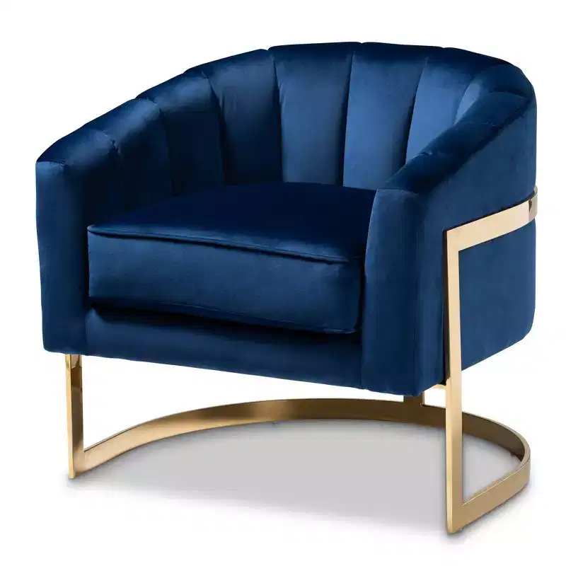 Velvet Lounge Chair Blue - Channel Tufted, Gold-Finished Frame, No Assembly
