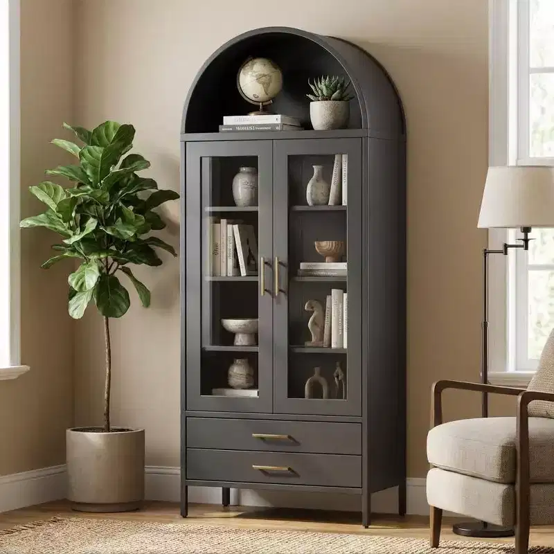 55 Tall Kitchen Pantry Cabinet, Arched Display with Glass Doors, 2 Drawers & Adjustable Shelves for Living, Dining Room