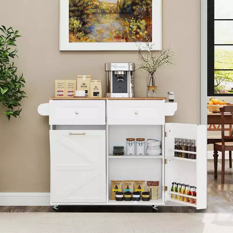 Costway Rolling Kitchen Island Kitchen Island Cart with Drop Leaf Trash Can Cabinet Black/White