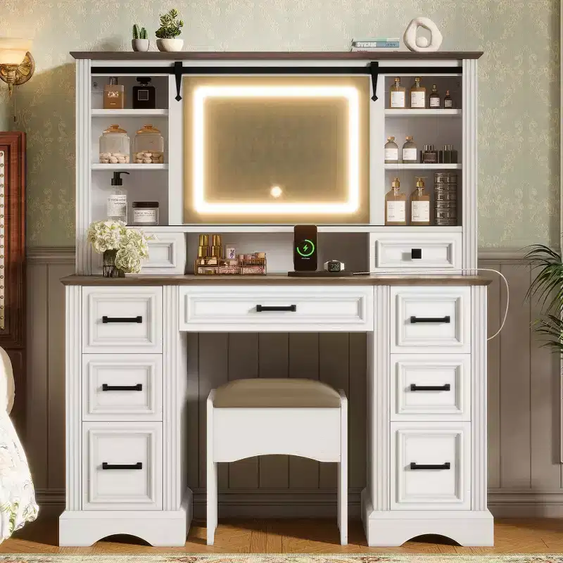47.2-Inch Farmhouse Makeup Vanity Desk with Sliding LED Mirror, 9 Drawers, Charging Station, Storage Stool, and Open Shelves for Bedroom