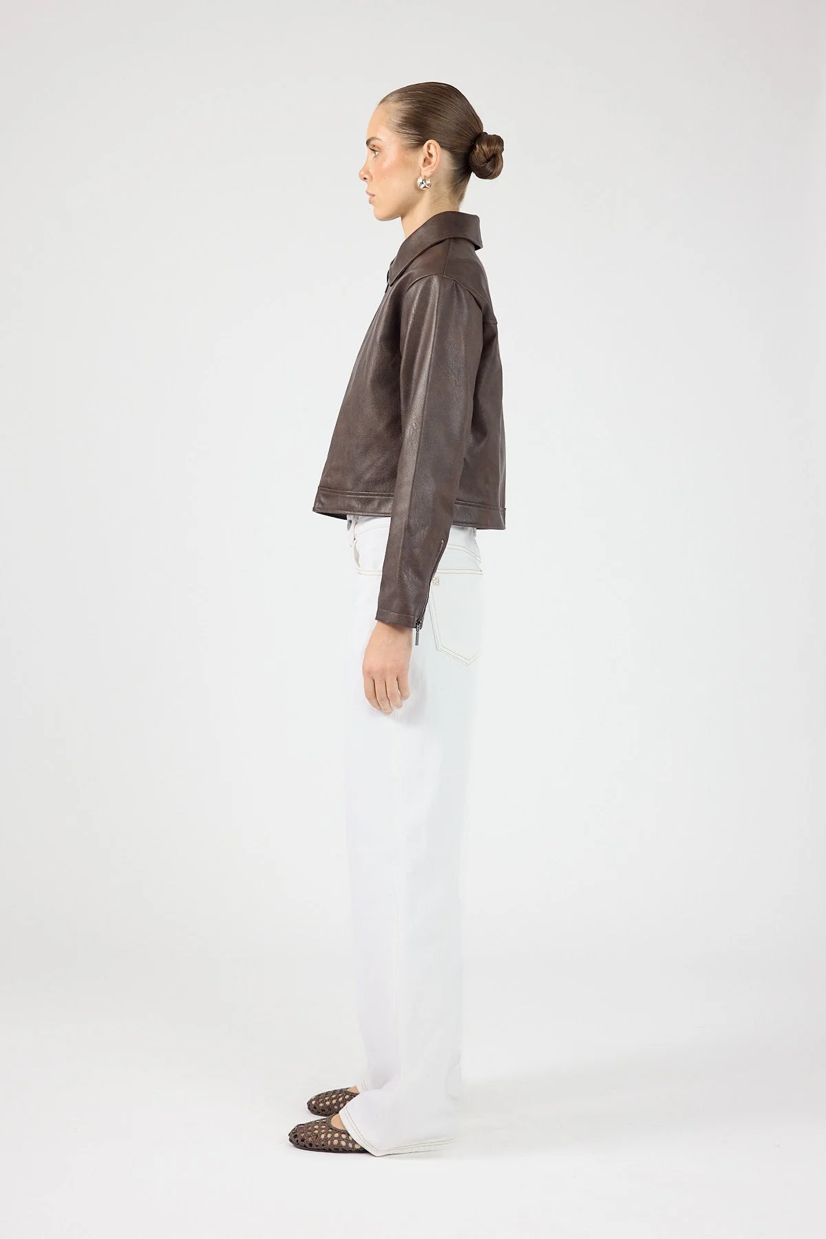 Faux Leather Zip Up Jacket Dark Brown
