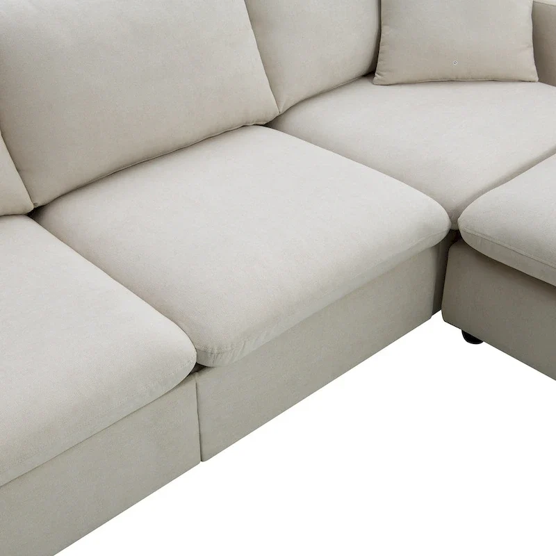 L-shaped Polyester Fabric Couch Set with 2 Free Pillows and Convertible Ottoman