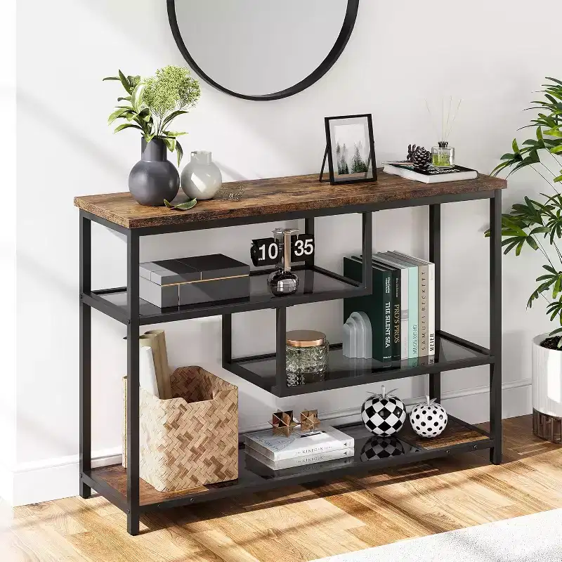 Rustic 4-Tier Side Table with Gray Glass Shelf, Narrow Console Table for Hallway, Bedroom, Living Room, or Entryway