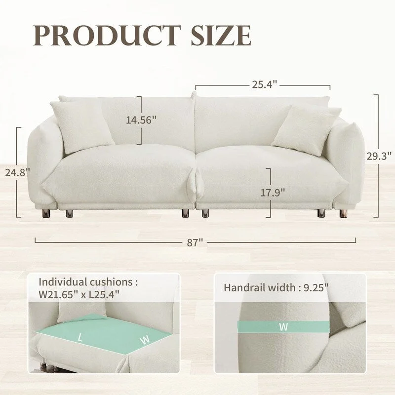 86.5 Teddy Velvet Large Bread Sofa With Pillows White