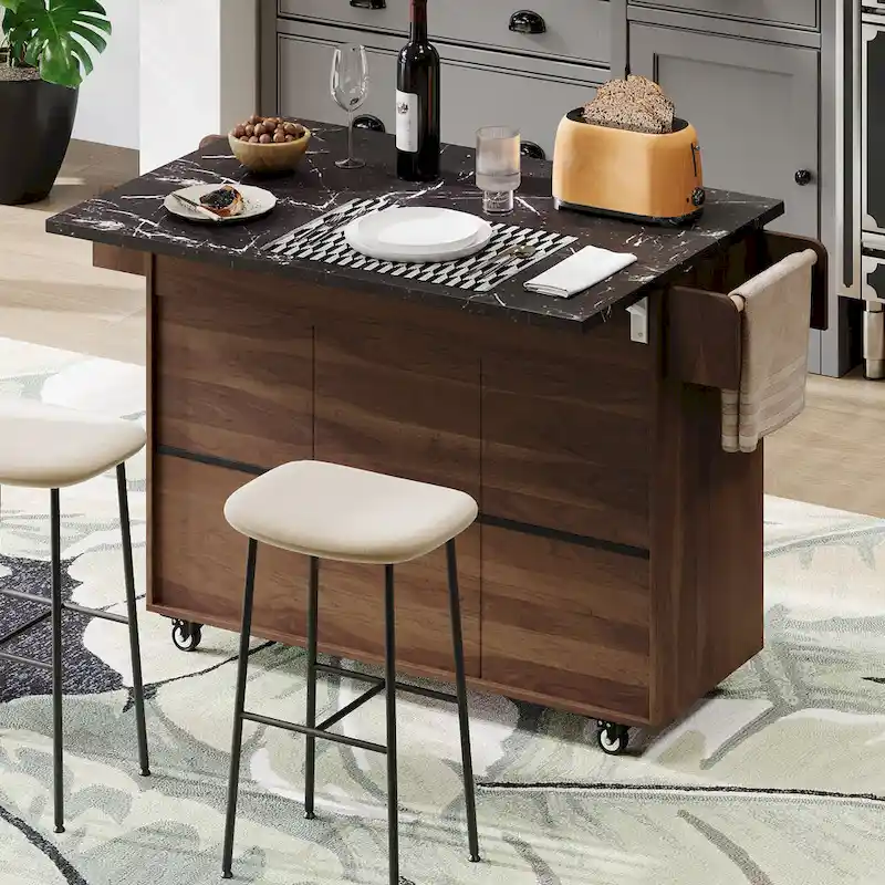 51 in. W Rolling Kitchen Island Cart with Drop Leaf and Tilt-out Trash Can