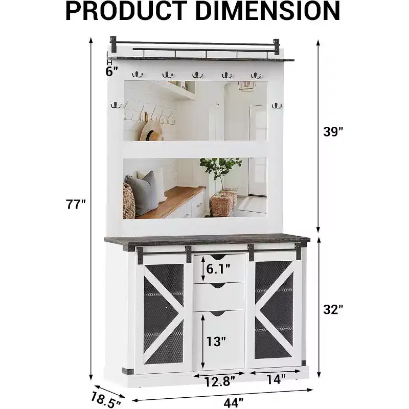 Barn Door Entryway Rack, MDF+PB+Iron, 2 Mirrors, Dark Oak & Vintage White Color, for Foyer