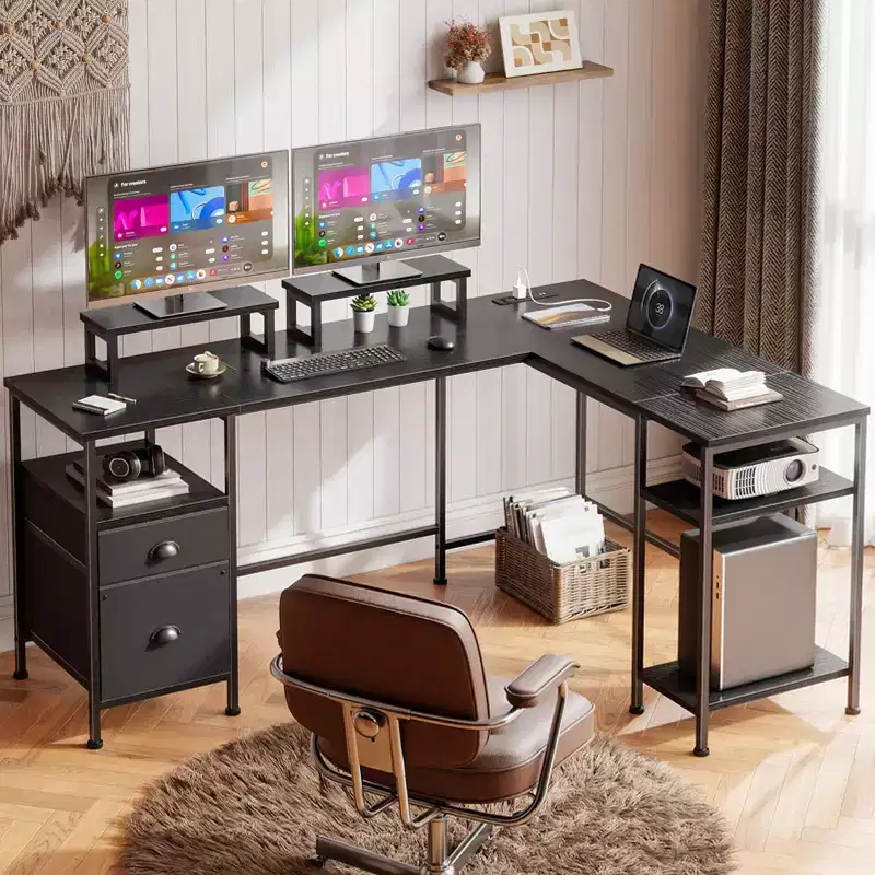 66 Inch Black L Shaped Computer Desk with Charging Station Reversible Corner Gaming Desk File Cabinet Monitor Stand Storage Home Office Workstation