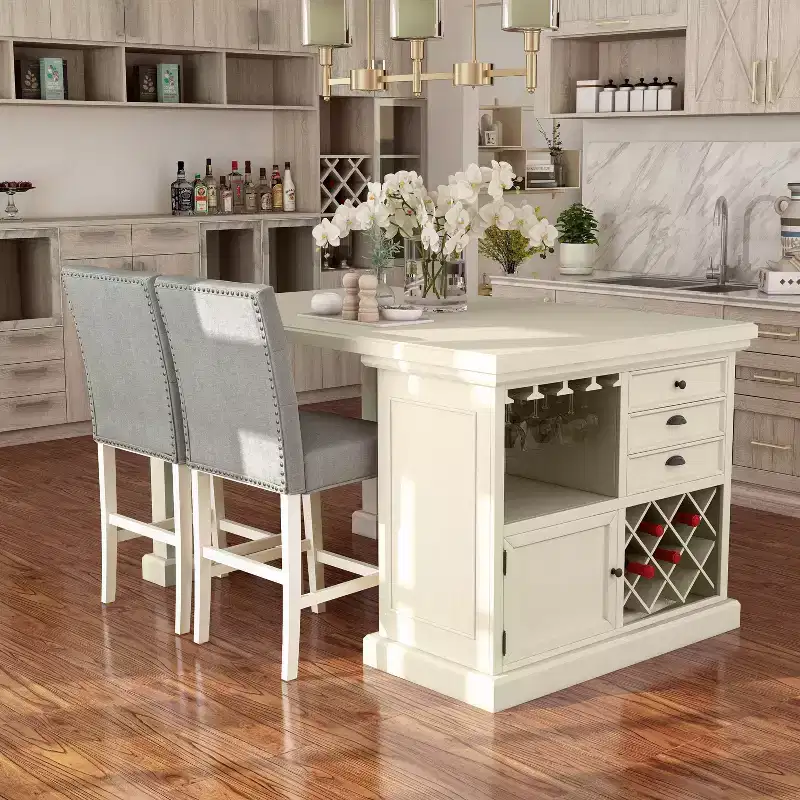 HOMES: Inside + Out 3pc Pritzker Counter Height Dining Set Antique White: Upholstered Chairs, Storage Base