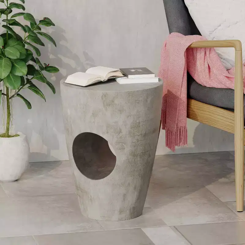 MAYEERTY Elegant Outdoor End Table, Concrete Round Top Drum Shape