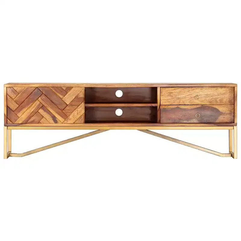 TV Cabinet Brown Solid Sheesham Wood, Brass powder-coated iron