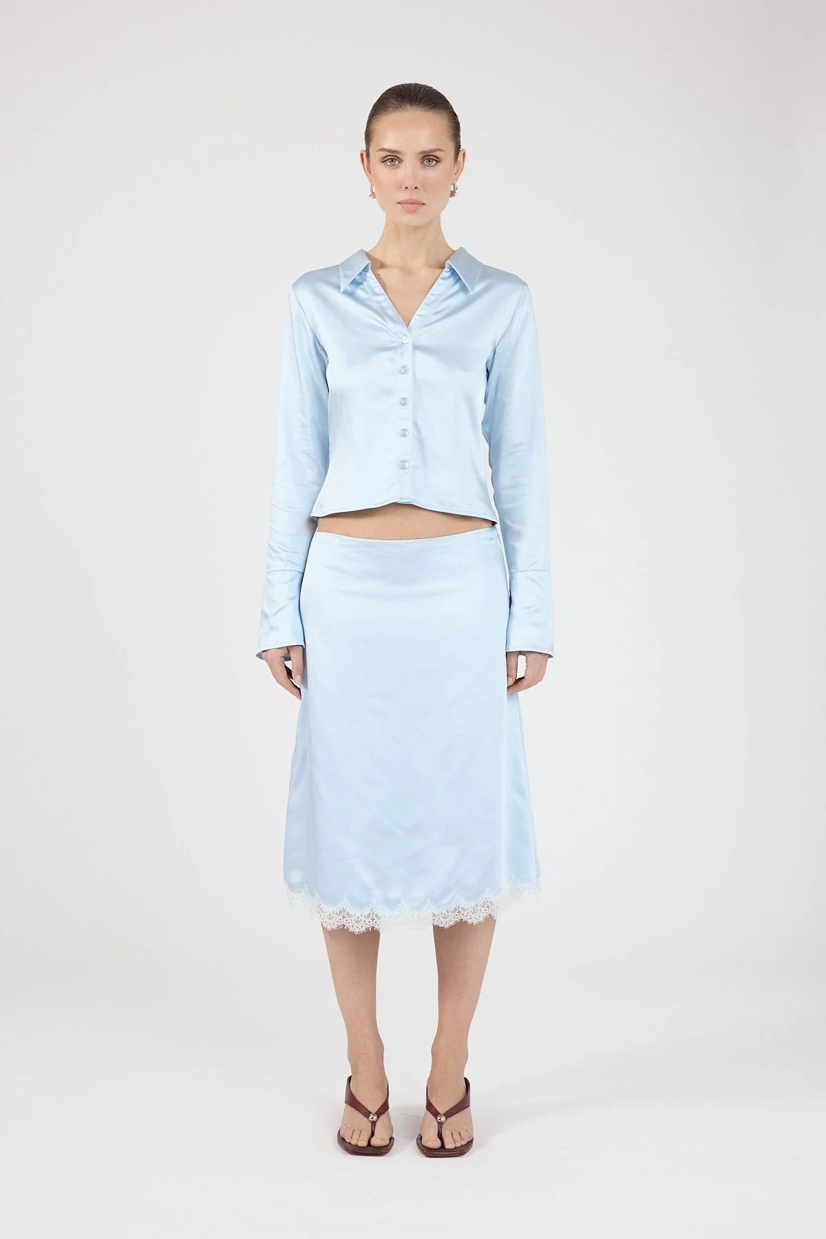 Satin Lace Midi Skirt Blue/White