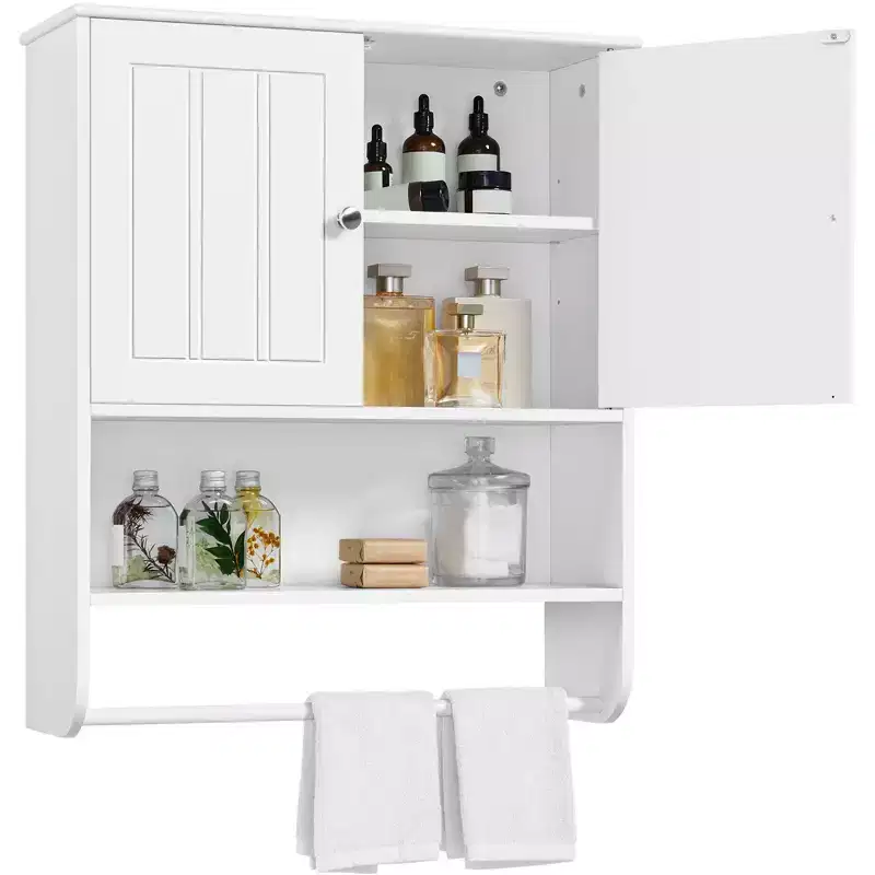 Bathroom Wall Cabinet with Towel Bar, Double Doors and Adjustable Shelf, White