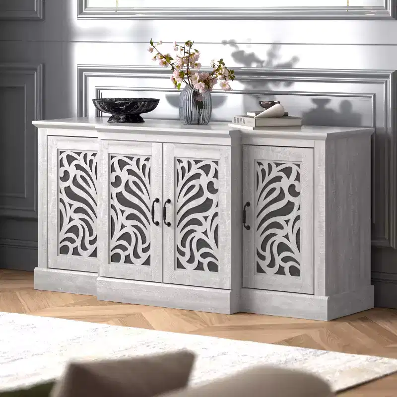 sideboard with traditional cutout doors in gray 60.4 W 18.2 D 29.3 H