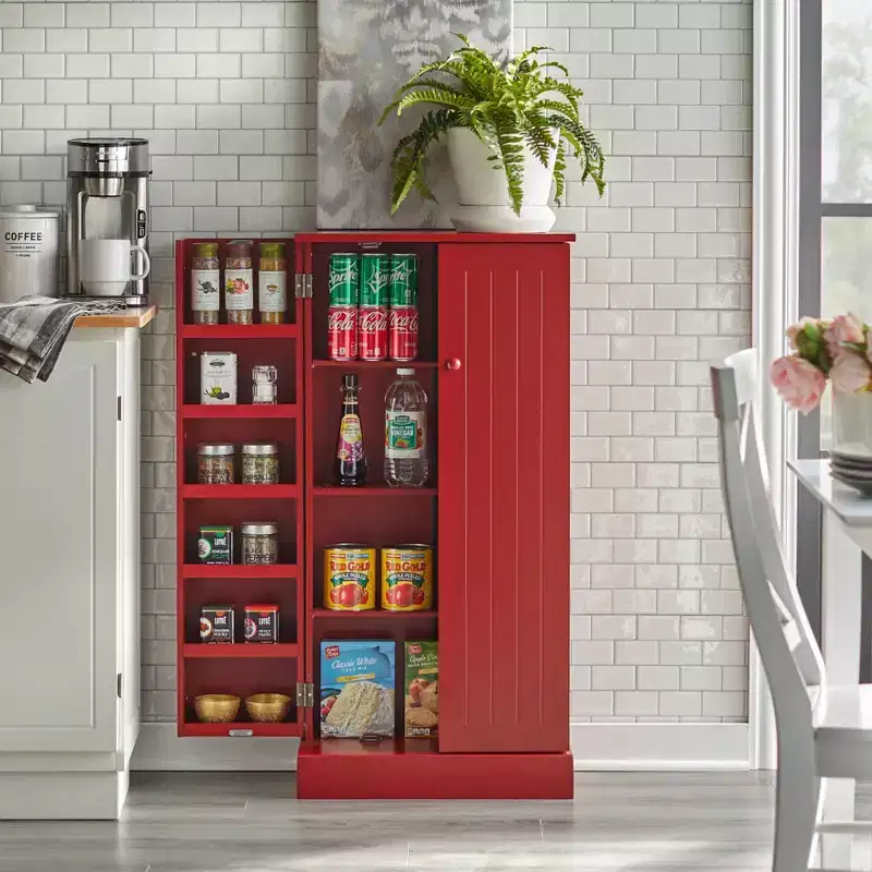 Red Utility Storage Cabinet – Transitional Style, MDF, 13 Shelves