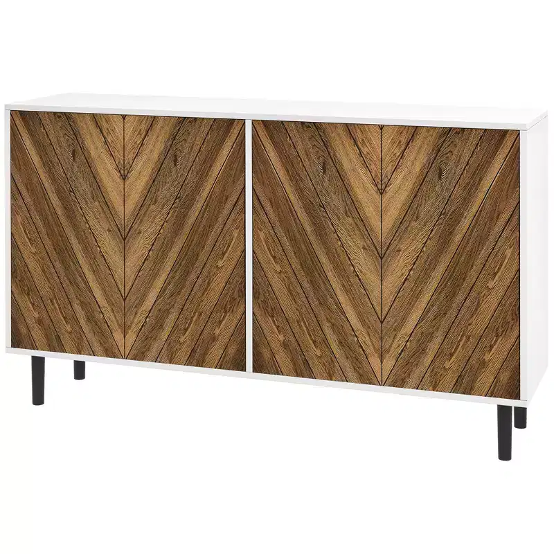 Sideboard Cabinet Kitchen Buffet Cabinet with Adjustable Shelves, 4 Chevron Doors and Pine Wood Legs
