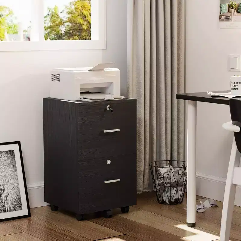 VINGLI 2-Drawer File Cabinet with Lock, Small Rolling Wood Filing Cabinet for Hanging Letter Size Filings with Tabs, Mobile Under Desk File Organizer