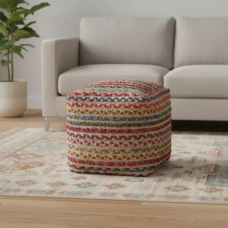 HomeRoots 18 Natural and Rainbow Braided Jute And Polyester Striped Pouf Ottoman