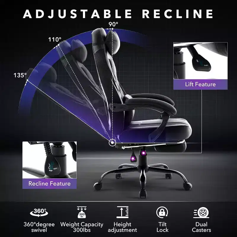 Acekool Ergonomic Gaming Chair for Adults, PU Leather, Massage Lumbar, Footrest, Adjustable, for Office or Gaming