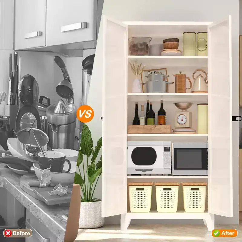 Metal Storage Cabinet with Double Doors and Adjustable ShelvesStrong Load-Bearing Capacity; Ideal for Kitchens, Living Rooms, and Bedrooms