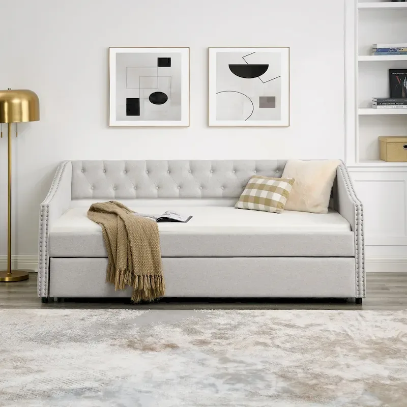 Upholstered Daybed Frame with Trundle & Tufted Backrest