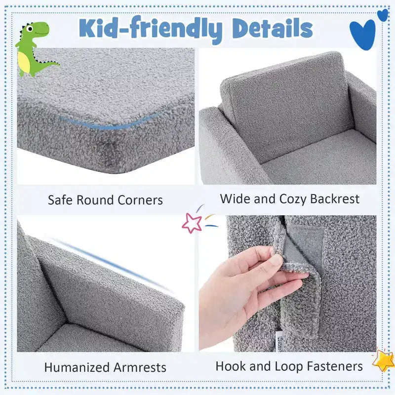 Costway 2-in-1 Toddler Fold out Couch Childrens Convertible Sofa to Lounger Grey