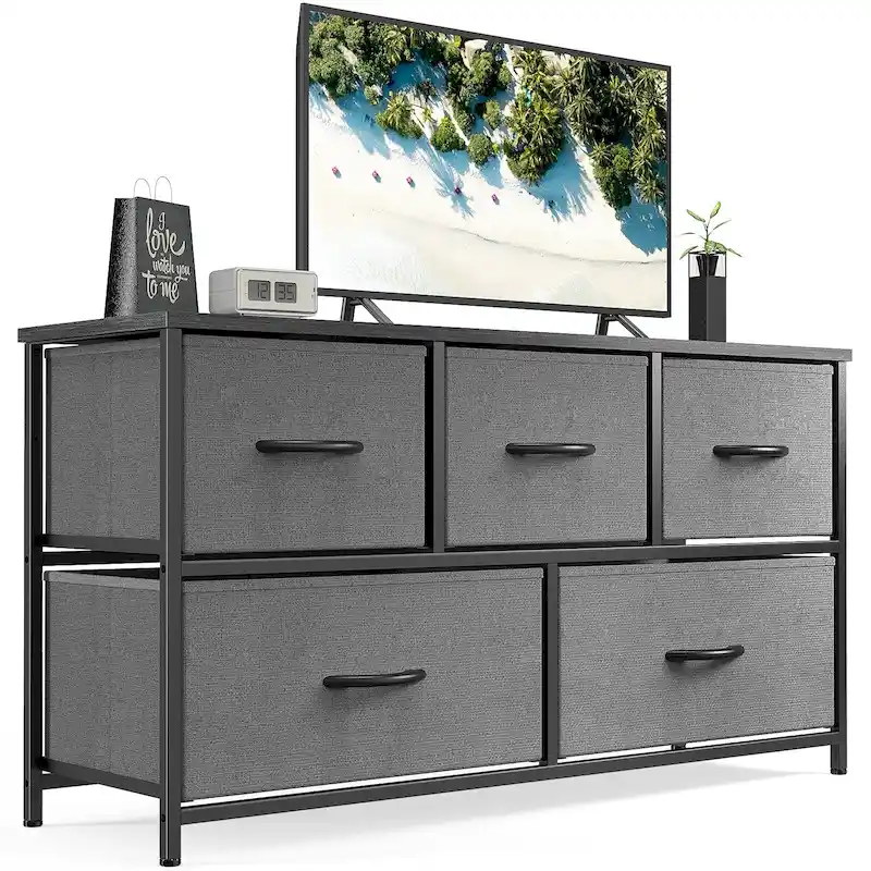 5-Drawer Horizontal Dresser with Metal Handle, Metal Frame and Wood Top for Bedroom