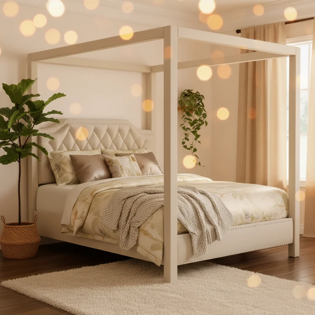 Canopy Bed Frame with 4-Corner Poles & Bracket, Upholstered Headboard, Steel Slats, No Box Spring Needed, Noise Free
