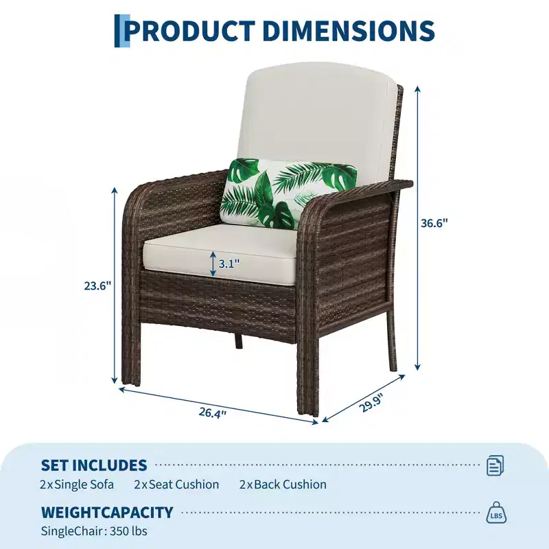 Outdoor Wicker Chairs Set of 2, High Back Rattan Patio Chairs with Comfy Cushion, All-Weather Outside Club Chairs for Balcony Deck Garden