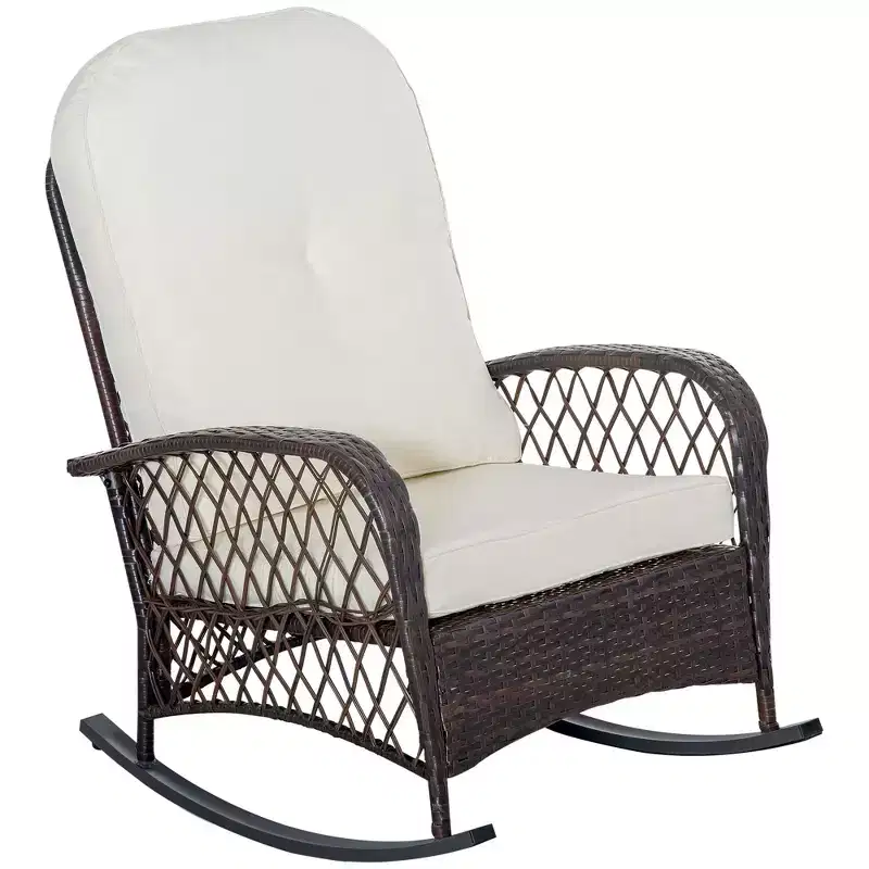 Outsunny Outdoor Wicker Rocking Chair, Patio PE Rattan Recliner Rocker Chair with Soft Cushion, for Garden Backyard Porch