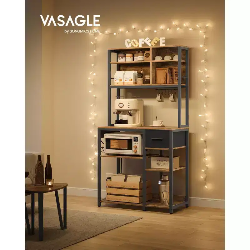 Bakers Rack with Charging Station - Coffee Bar, Adjustable Shelves, Fabric Drawer & 12 Hooks