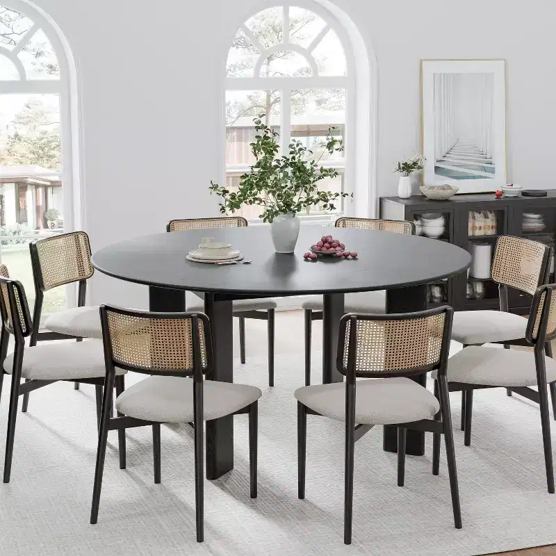 59 in Modern Round Dining Table for 6-8, Dense Wood Tabletop & Stable Base, Black